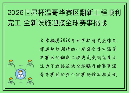 2026世界杯温哥华赛区翻新工程顺利完工 全新设施迎接全球赛事挑战